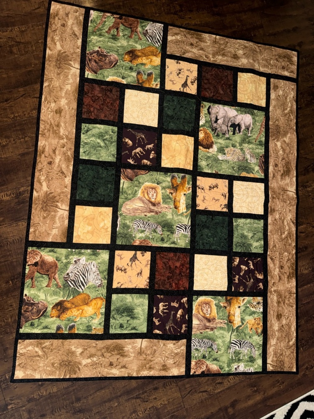 Safari Patchwork Quilted Throw - Green, Tan, Brown - Picture 2 of 9